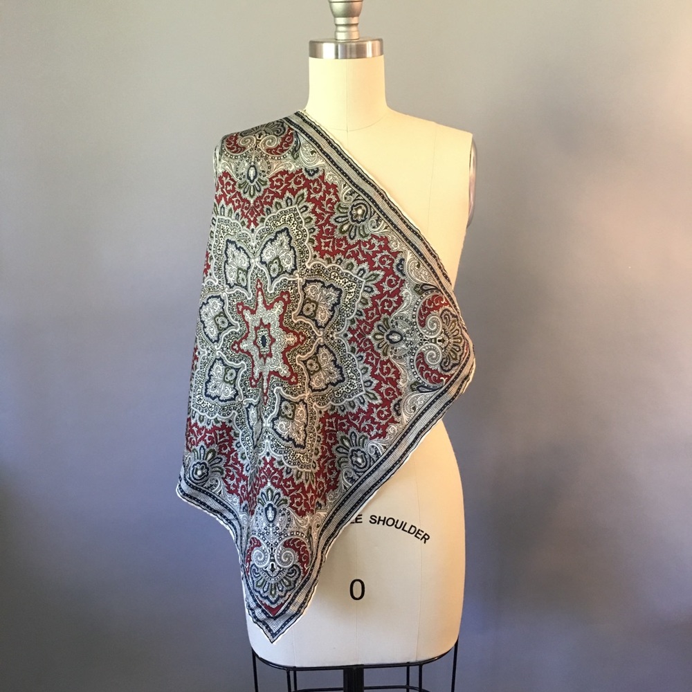 Vintage Battaglia Silk Scarf, Pocket Square, Burgundy & Navy, Hand Rolled Hem